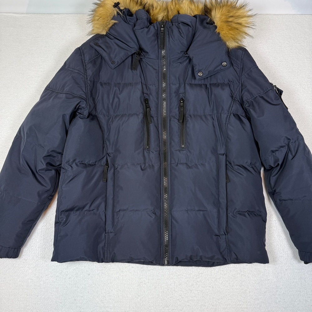 S13 Down Filled Puffer Jacket size XL Black Faux Brown Fur